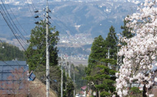 集落の中心を通る参道から眺める妙高山